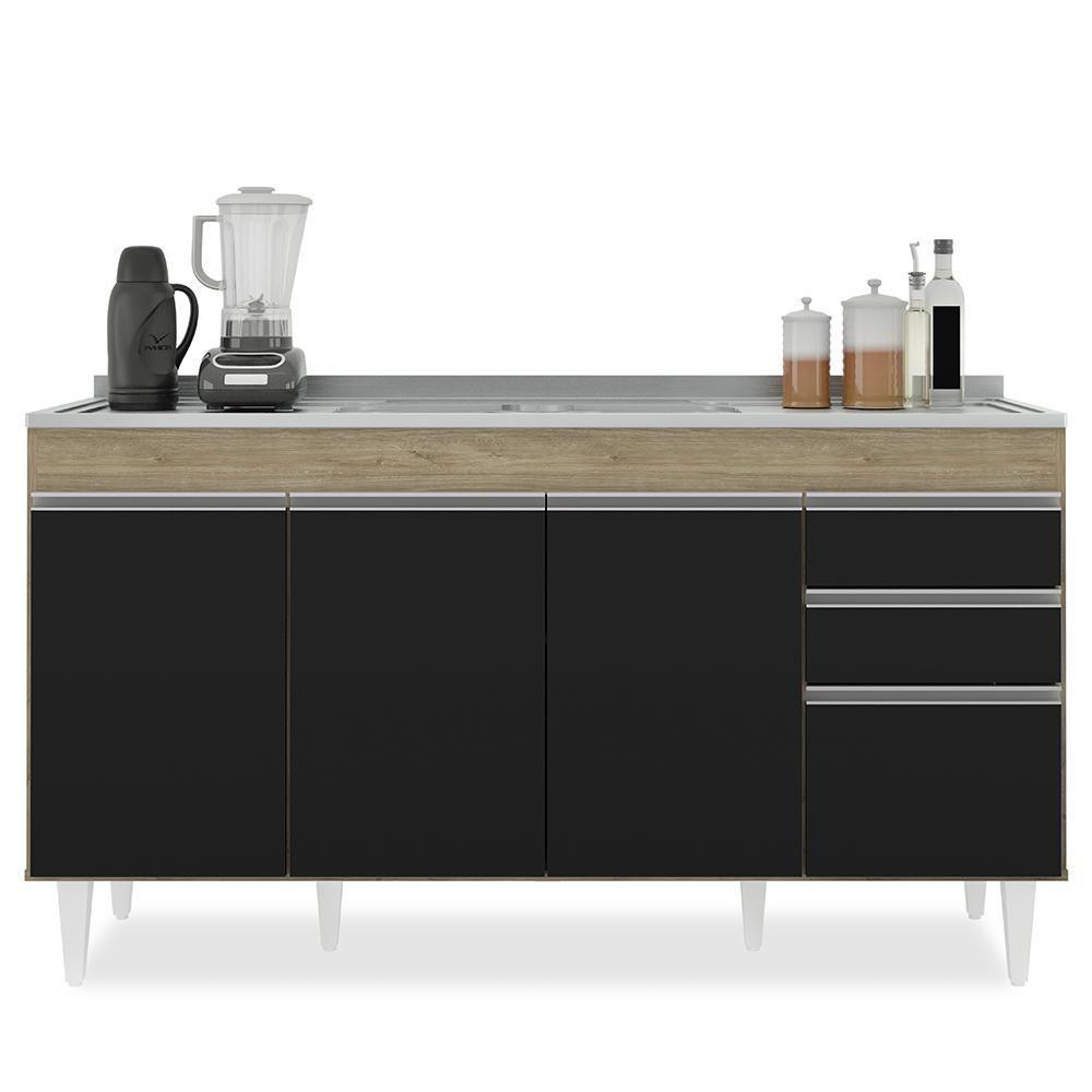 Armário De Cozinha Modulado De Canto 7 Peças Cp24 Com Pia Inox Castanho/preto - Lumil - 7