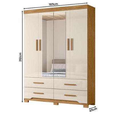 Guarda Roupa Solteiro Ambiente Miami 4 Portas 4 Gavetas Freijó Off White MDP com Espelho