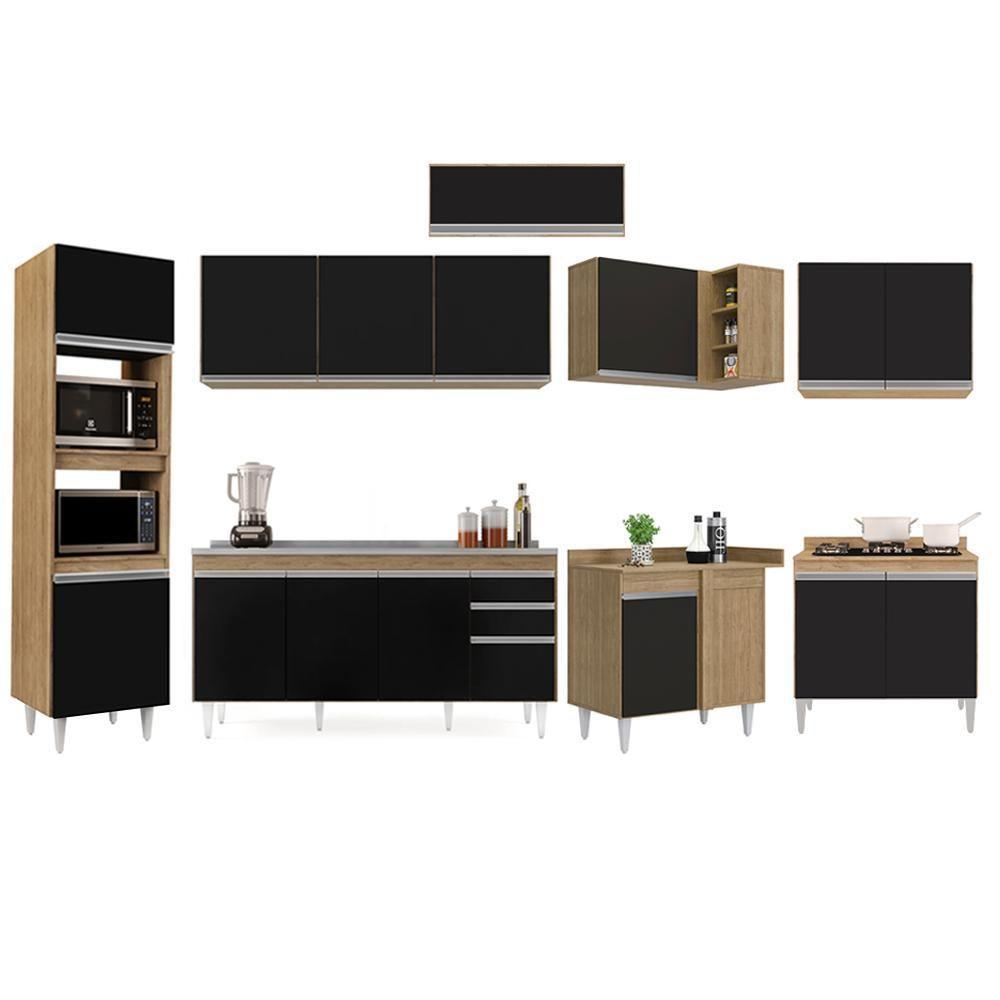 Armário De Cozinha Modulada De Canto 8 Peças Cp09 Balcão Com Pia Inox Castanho/preto - Lumil - 6