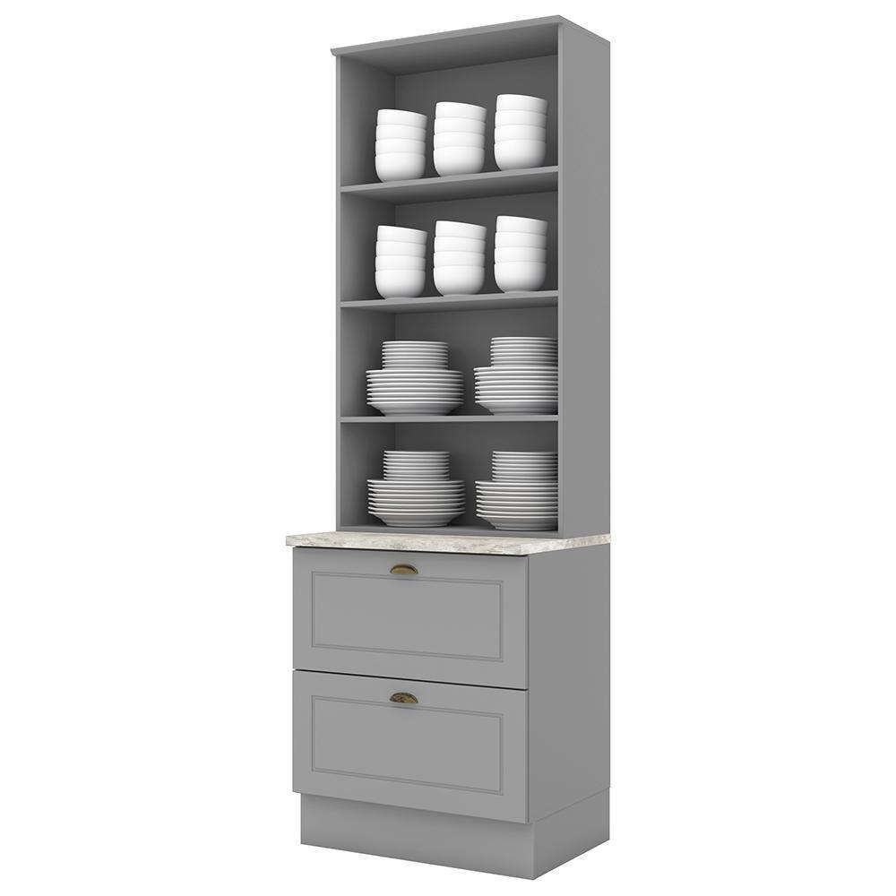 Cristaleira 2 Portas E 2 Gavetas Americana Cinza Com Tampo Calcare - Móveis Henn Cinza-calcare - 2