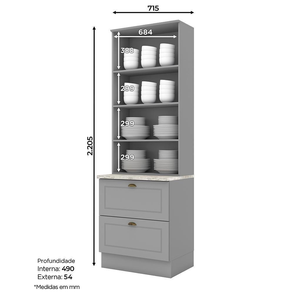 Cristaleira 2 Portas E 2 Gavetas Americana Cinza Com Tampo Calcare - Móveis Henn Cinza-calcare - 3