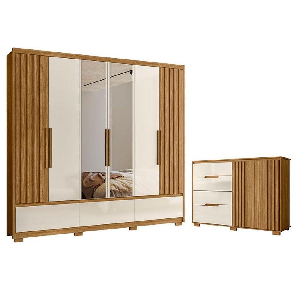 Guarda Roupa Casal Amazonas E Cômoda Texas Freijó Off White Com Espelho - Moval - 1