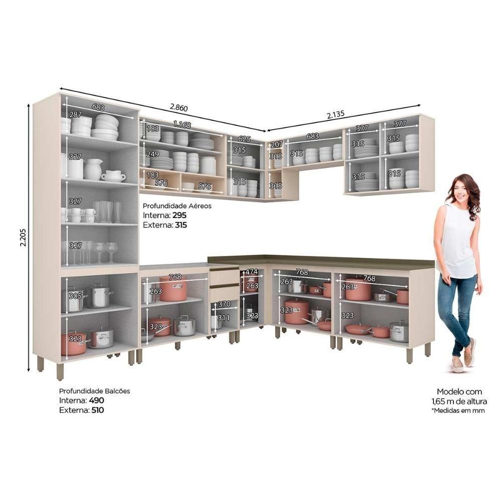 Cozinha Modulada Connect 12 Peças 4aéreos+4balcões+ 1 Paneleiro +3complementos C5p92 Off White2 Aéreos + 1 Balcão + 1 Complemento - 3
