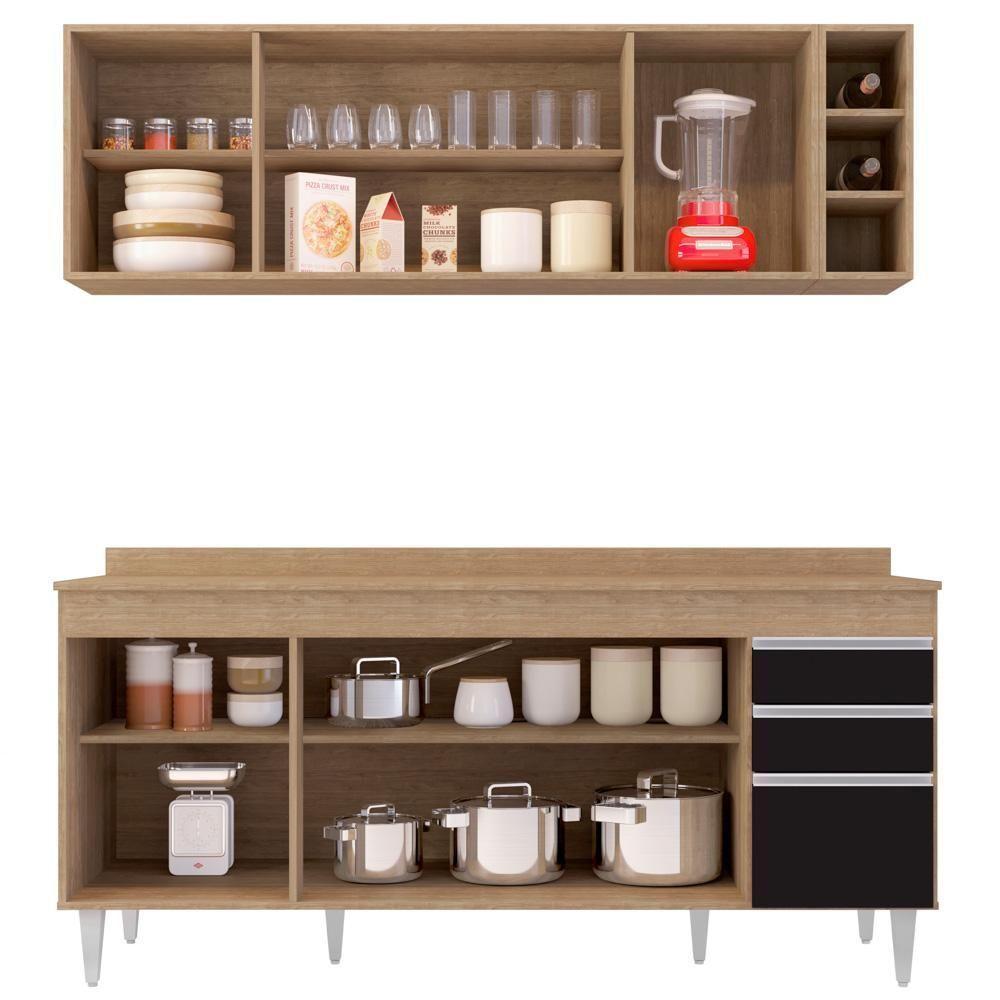 Armário Nevada E Balcão 180cm Com Tampo Dallas Castanho-pto - Lumil - 3