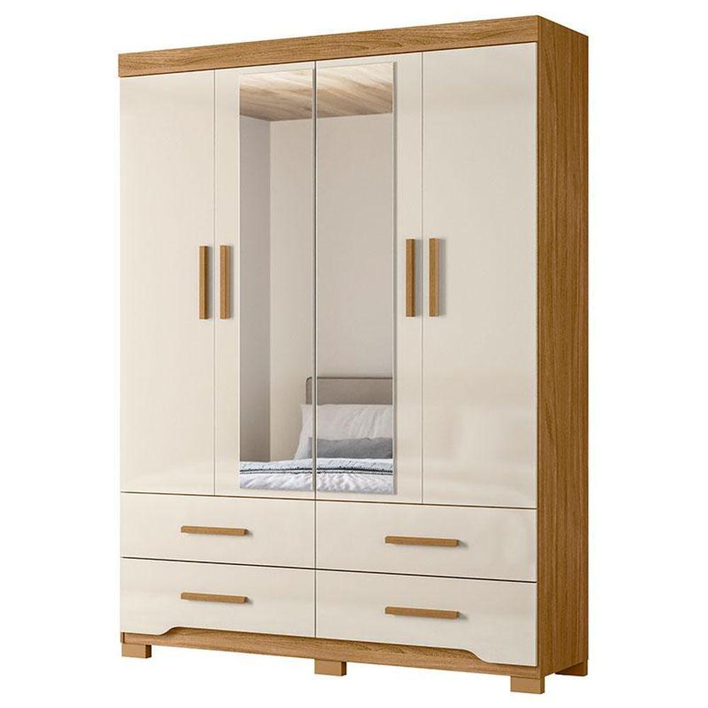 Guarda Roupa Solteiro Miami 4 Portas Freijó Off White Com Espelho - Moval - 1