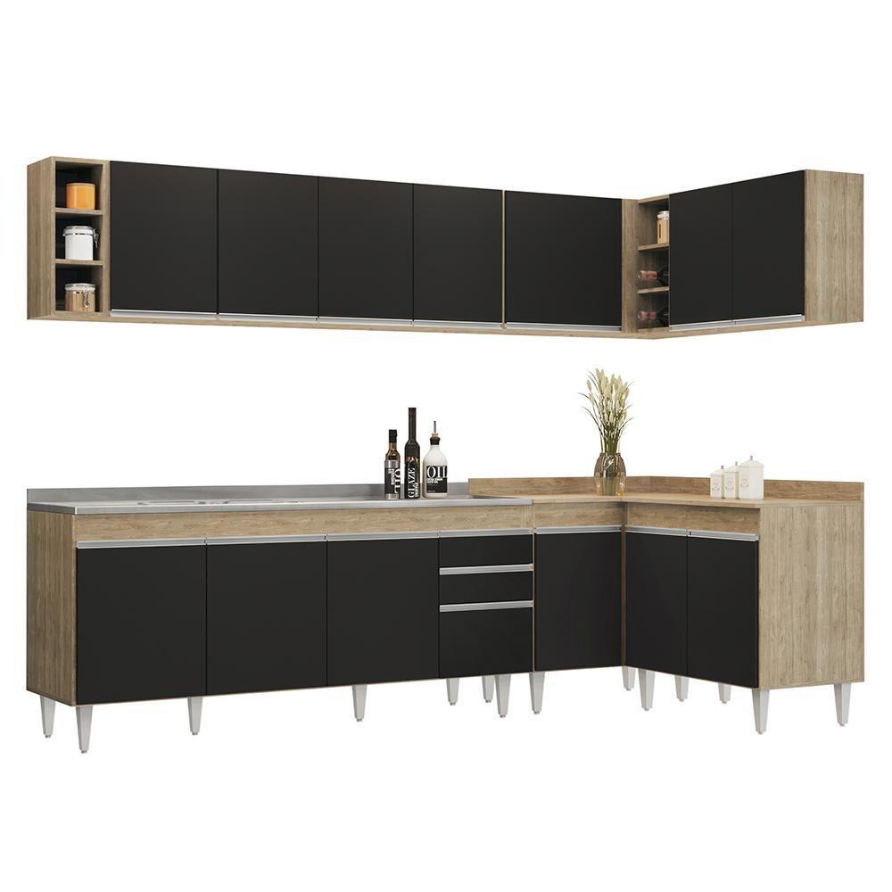 Armário De Cozinha Modulado De Canto 7 Peças Cp36 Com Pia Inox Castanho/preto - Lumil - 1