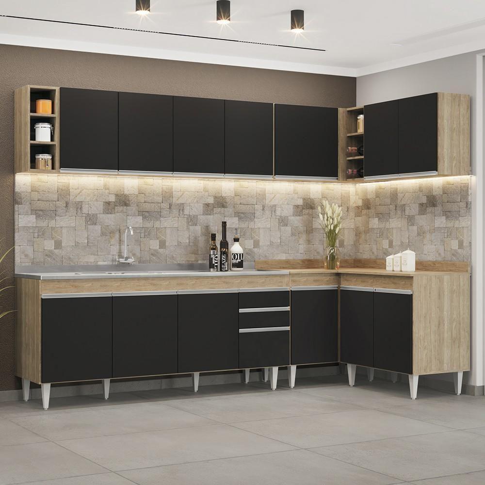 Armário De Cozinha Modulado De Canto 7 Peças Cp36 Com Pia Inox Castanho/preto - Lumil - 2