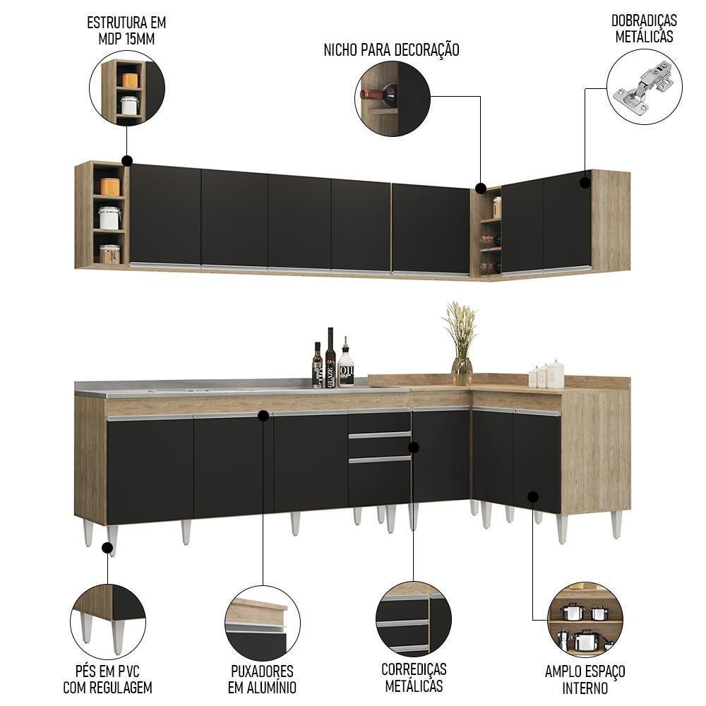Armário De Cozinha Modulado De Canto 7 Peças Cp36 Com Pia Inox Castanho/preto - Lumil - 3