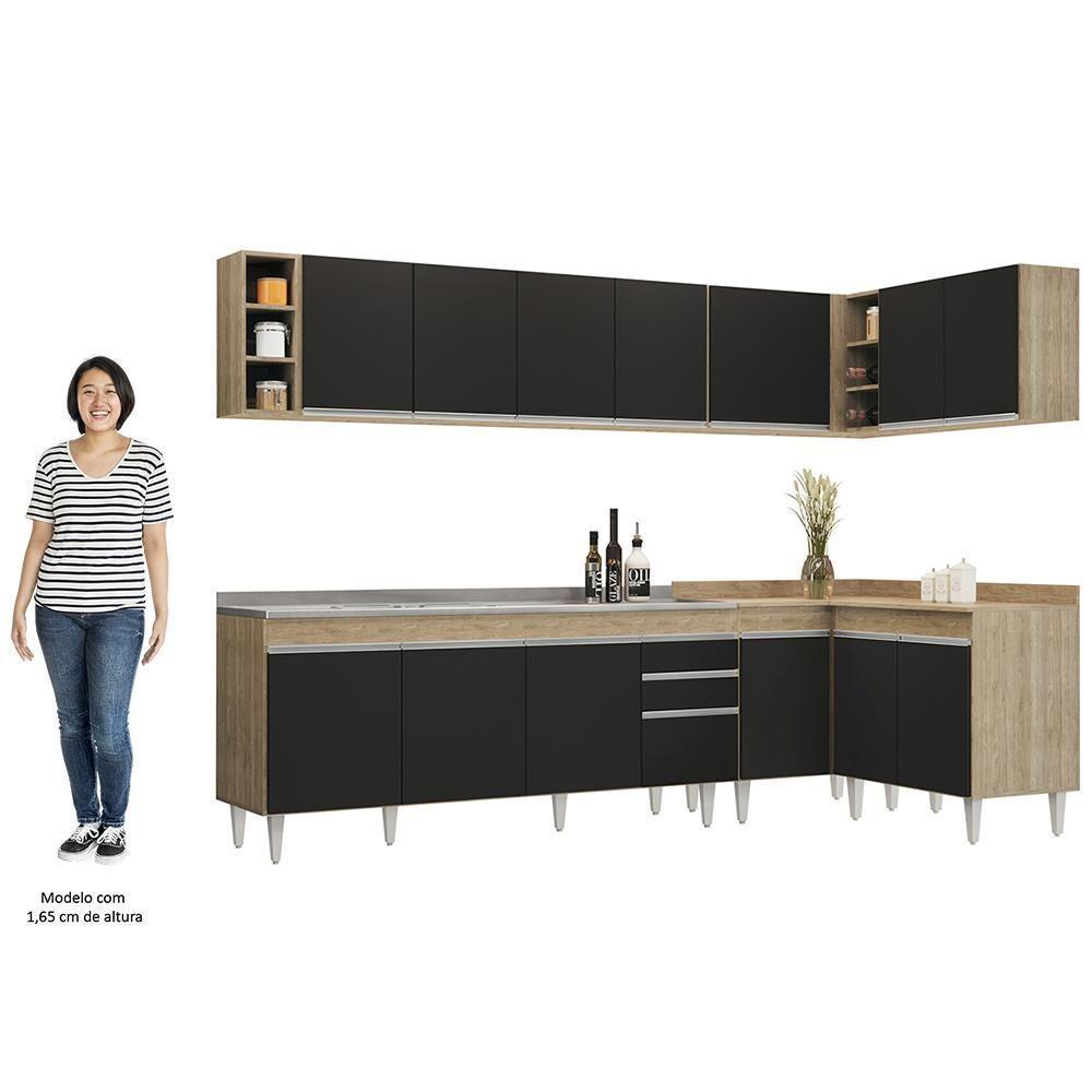 Armário De Cozinha Modulado De Canto 7 Peças Cp36 Com Pia Inox Castanho/preto - Lumil - 5