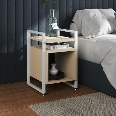 Mesa De Cabeceira Industrial Marrocos Ferro Branco E Tampo Off-white