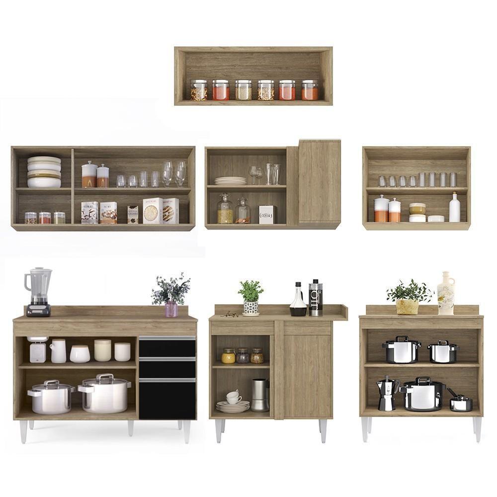 Armário De Cozinha Modulado De Canto 7 Peças Cp20 Balcão Com Tampo Castanho/preto - Lumil - 6