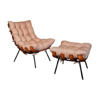 Poltrona Costela Com Puff Tecido Linho Bege - 1