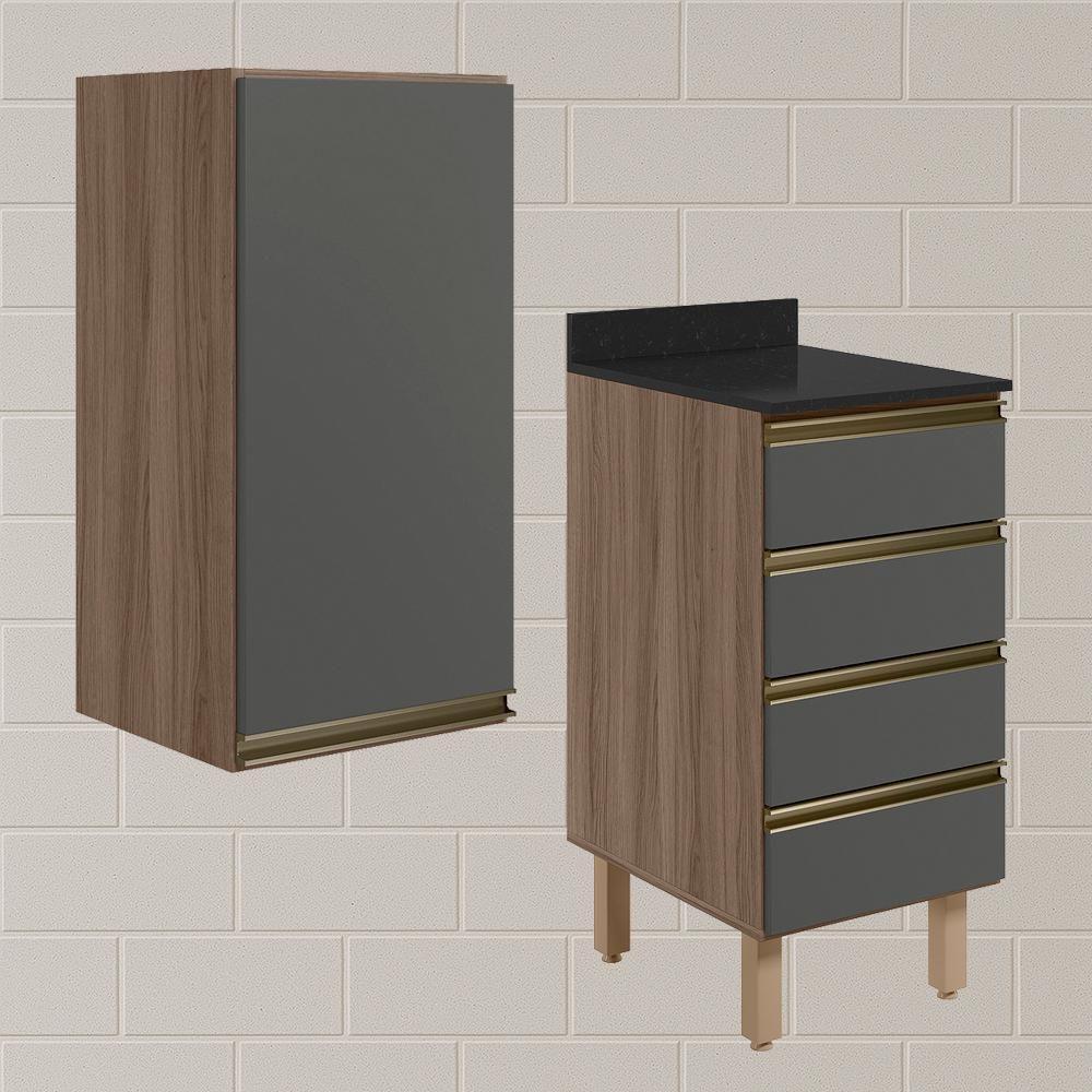 Armario Aereo E Balcao 1 Porta 4 Gavetas 40cm Mdf Kali Nicioli Carvalho Toq Chumbo - 2