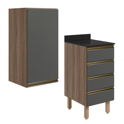 Armario Aereo E Balcao 1 Porta 4 Gavetas 40cm Mdf Kali Nicioli Carvalho Toq Chumbo