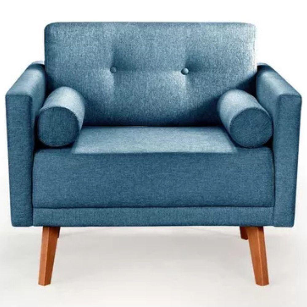 Poltrona Decorativa Luma Linho Azul Com Pés Em Madeira - 1