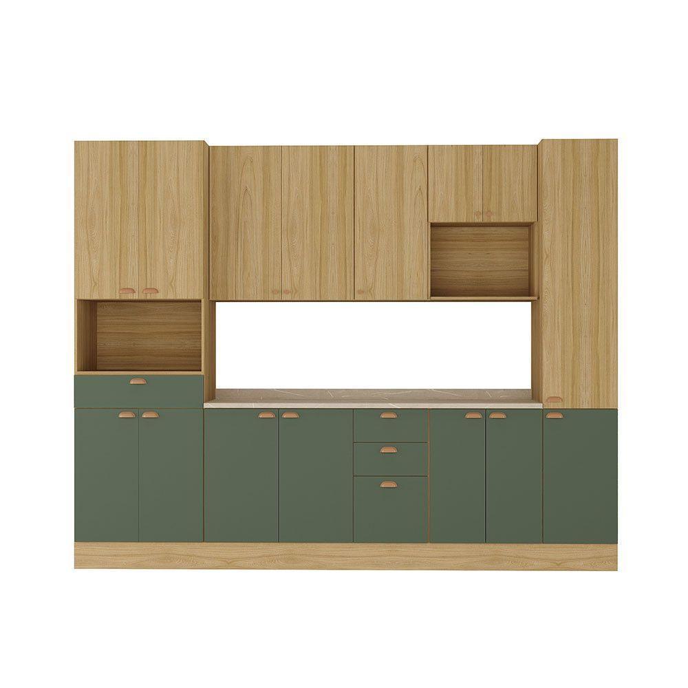 Cozinha Modulada Completa 6 Peças Com Tampo E Rodapé Classic Freijó/freijó Brasil/verde Amalfi - 1