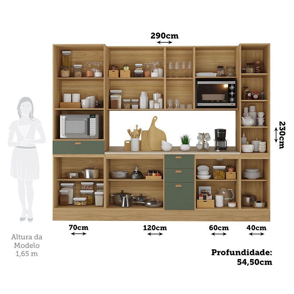 Cozinha Modulada Completa 6 Peças Com Tampo E Rodapé Classic Freijó/freijó Brasil/verde Amalfi - 3