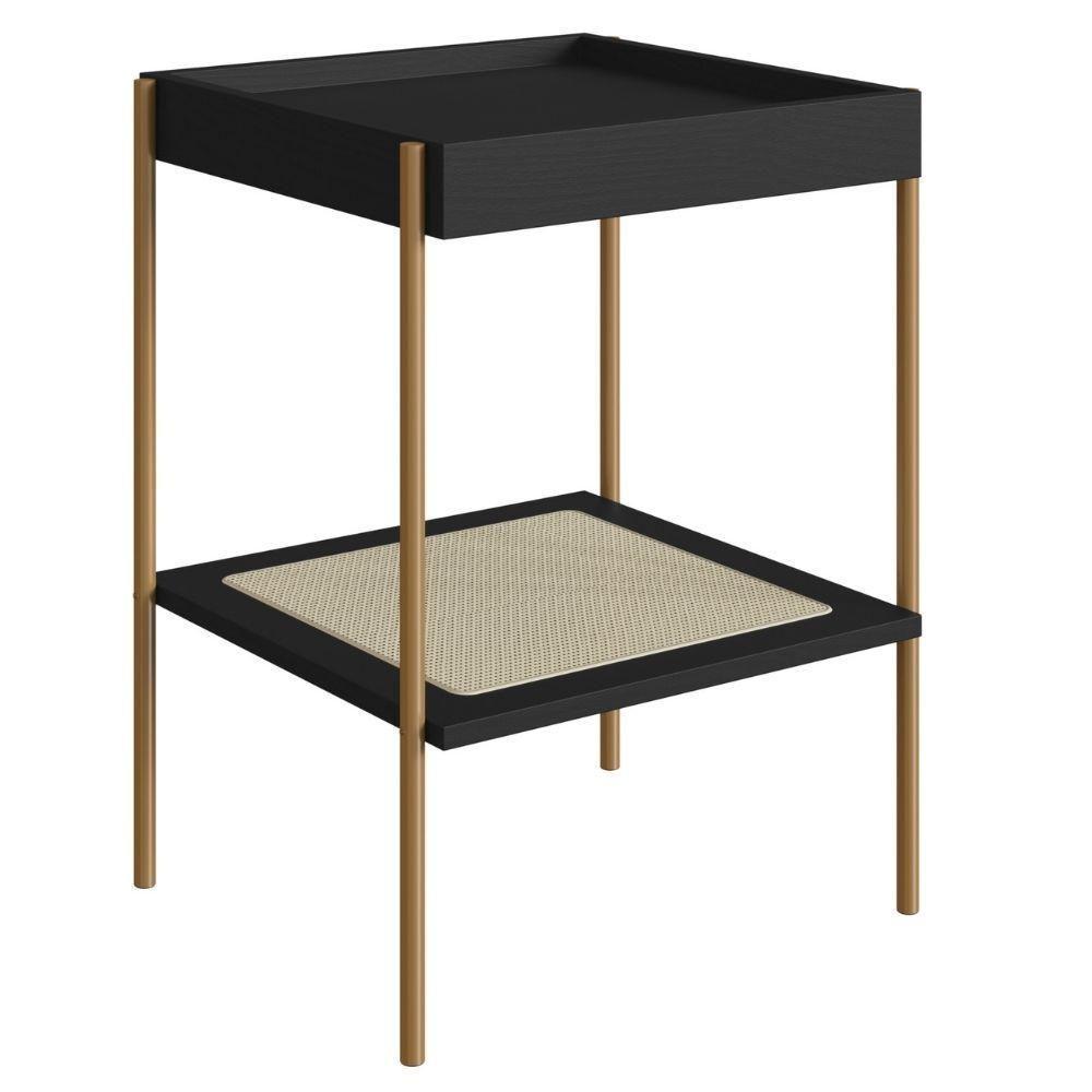 Mesa Lateral De Apoio Oslo Artesano 43 Cm (largura) Mdp Nero Palha Sintética Bege Pé Metal Dourado - 1