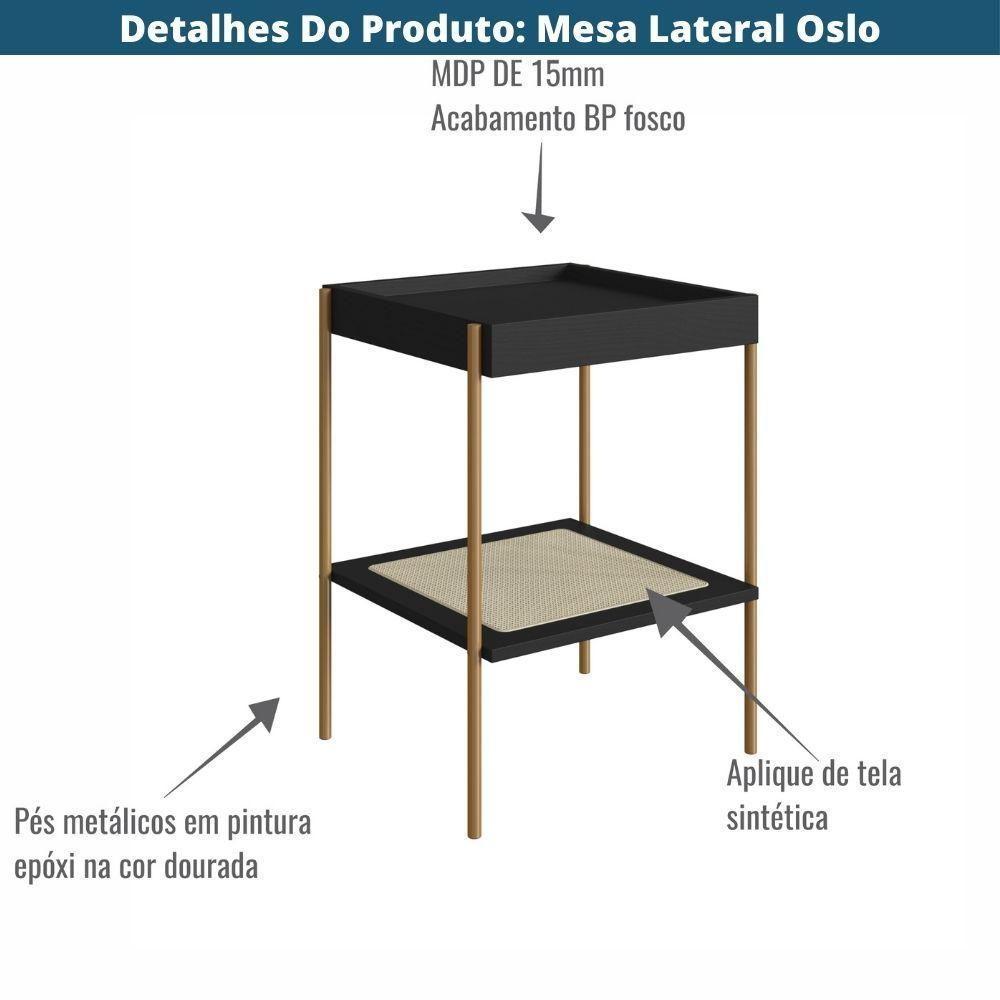 Mesa Lateral De Apoio Oslo Artesano 43 Cm (largura) Mdp Nero Palha Sintética Bege Pé Metal Dourado - 4