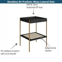 Mesa Lateral De Apoio Oslo Artesano 43 Cm (largura) Mdp Nero Palha Sintética Bege Pé Metal Dourado