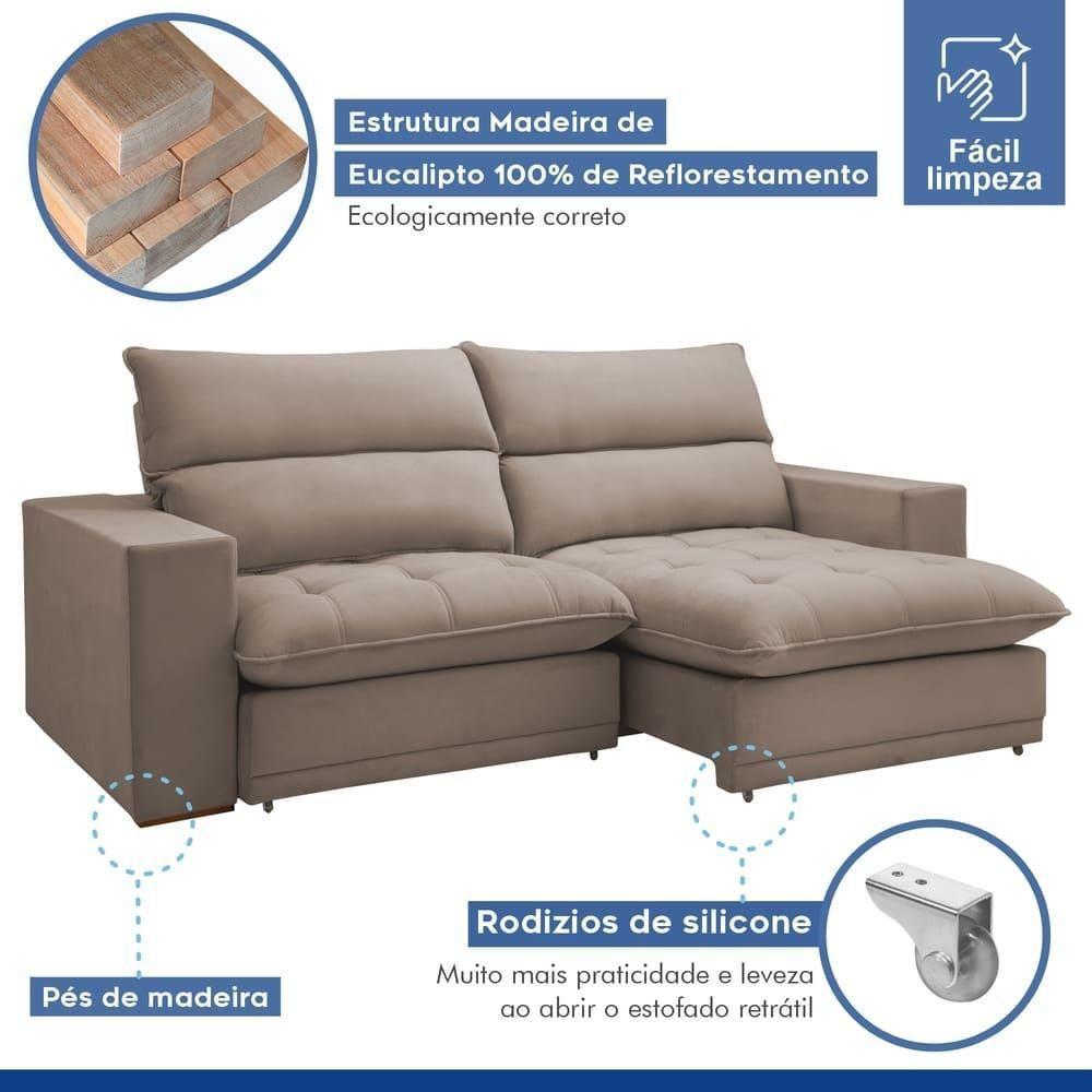 Sofá Retrátil E Reclinável Martinho Veludo Bege Escuro 2,30m - 7