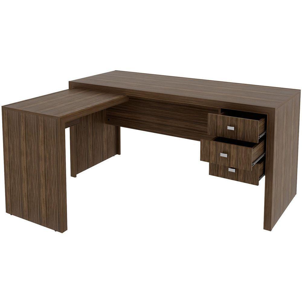 Mesa De Canto Para Escritório Em L Angular Com 3 Gavetas Nogal - 2