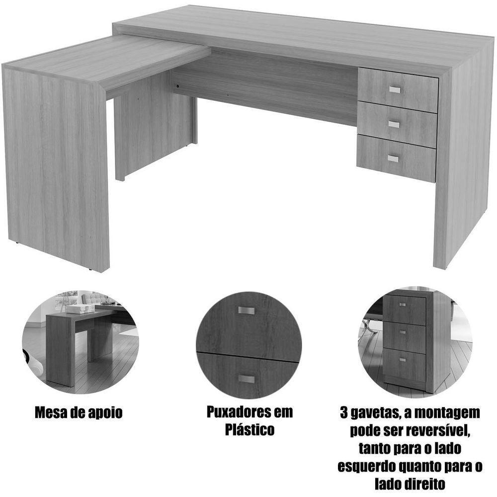 Mesa De Canto Para Escritório Em L Angular Com 3 Gavetas Nogal - 5