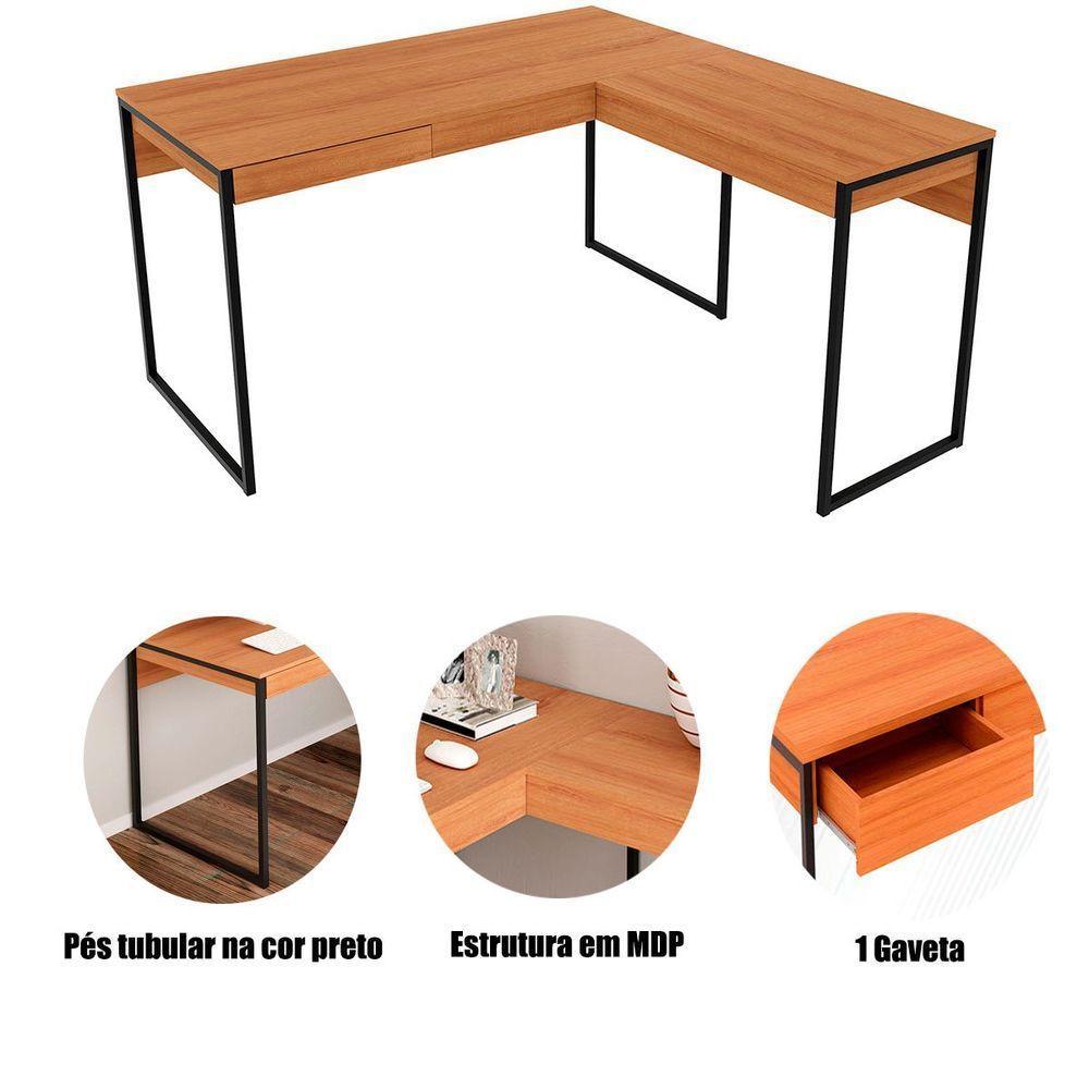 Mesa De Canto Para Escritório Em L Angular Com 1 Gaveta Amêndoa/preto - 4