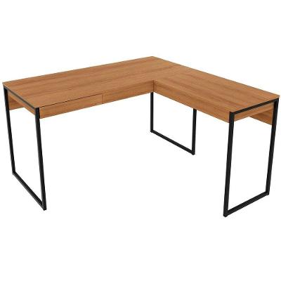 Mesa De Canto Para Escritório Em L Angular Com 1 Gaveta Amêndoa/preto