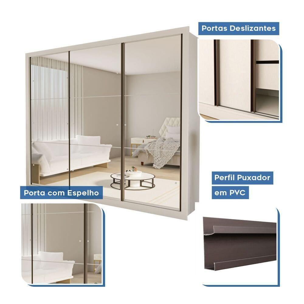 Guarda Roupa 3 Portas De Correr Todo Espelhado 6 Gavetas Ravena Minastex Branco - 6