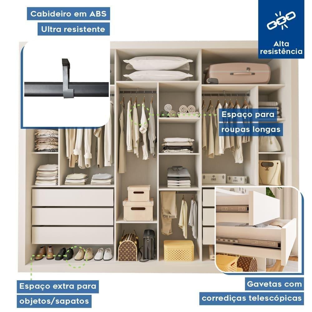 Guarda Roupa 3 Portas De Correr Todo Espelhado 6 Gavetas Ravena Minastex Branco - 9