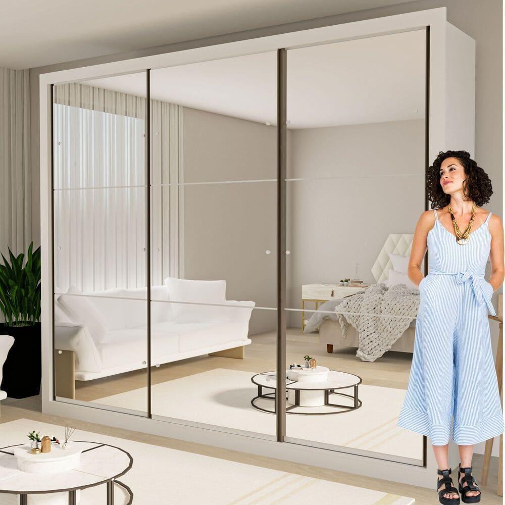 Guarda Roupa 3 Portas De Correr Todo Espelhado 6 Gavetas Ravena Minastex Branco - 10