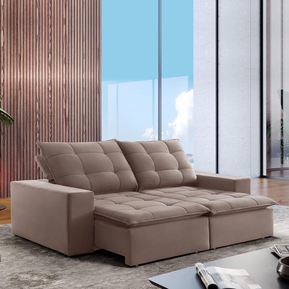 Sofá Retrátil E Reclinável Paris Veludo Bege Escuro 2,50m - 3