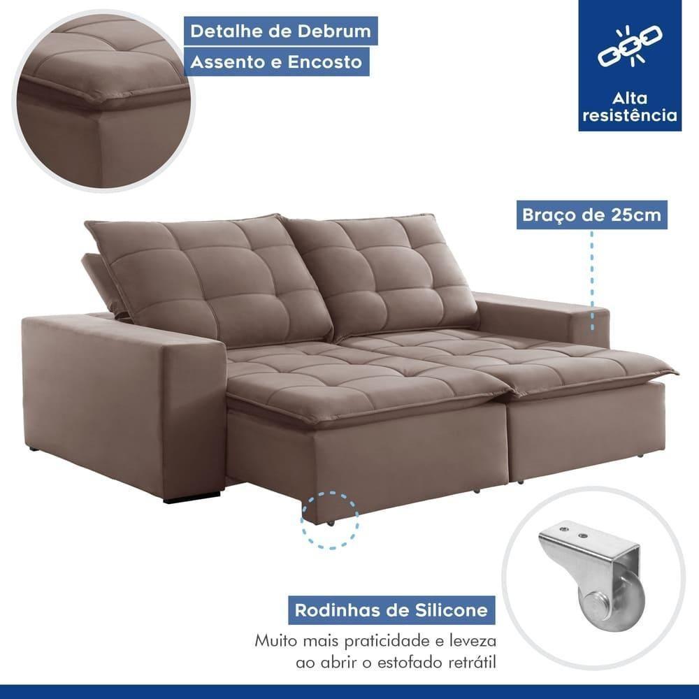 Sofá Retrátil E Reclinável Paris Veludo Bege Escuro 2,50m - 6