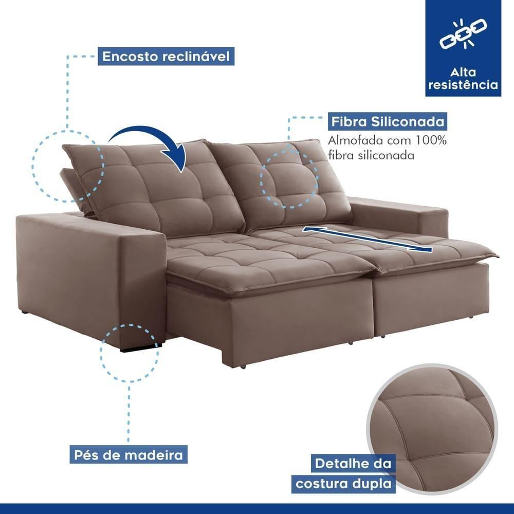 Sofá Retrátil E Reclinável Paris Veludo Bege Escuro 2,50m - 7