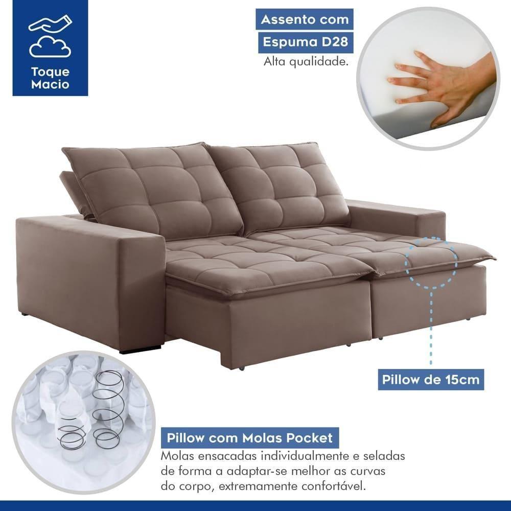 Sofá Retrátil E Reclinável Paris Veludo Bege Escuro 2,50m - 10