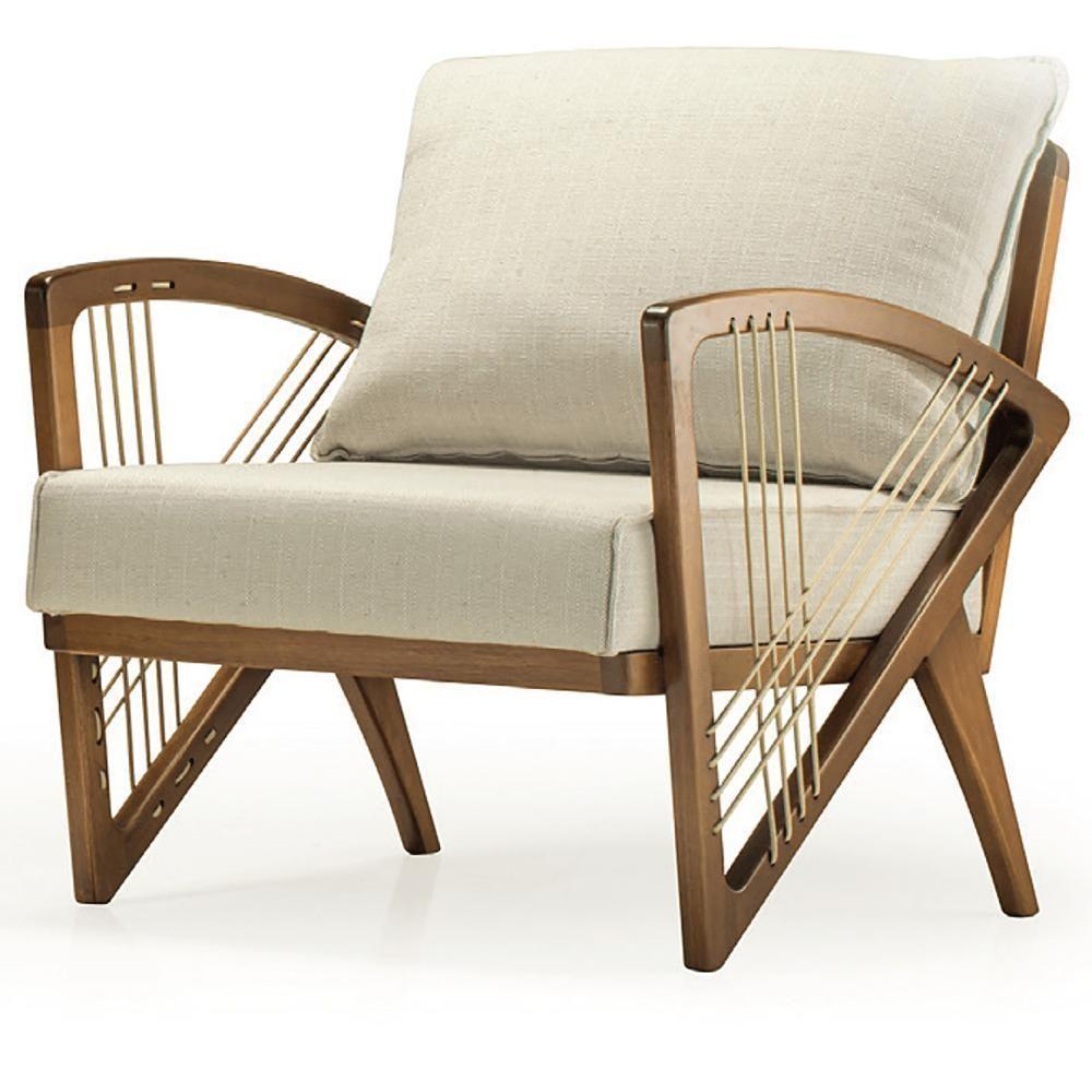 Poltrona Com Braços Gandú Ozki Madeira Eucalipto Cedro Tecido Bege Corda Couro Reconstituído - 1