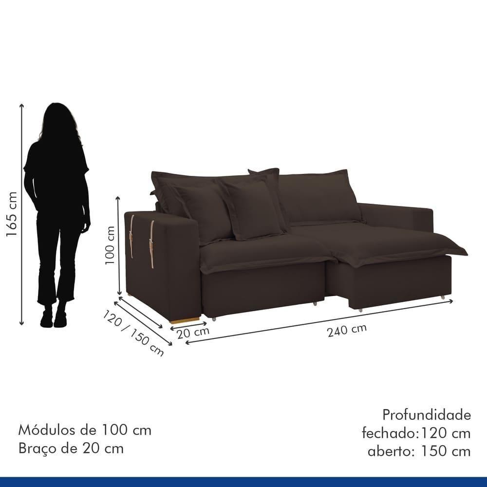 Sofá Cama Retrátil E Reclinável Arizona Veludo Marrom 2,40m - 3