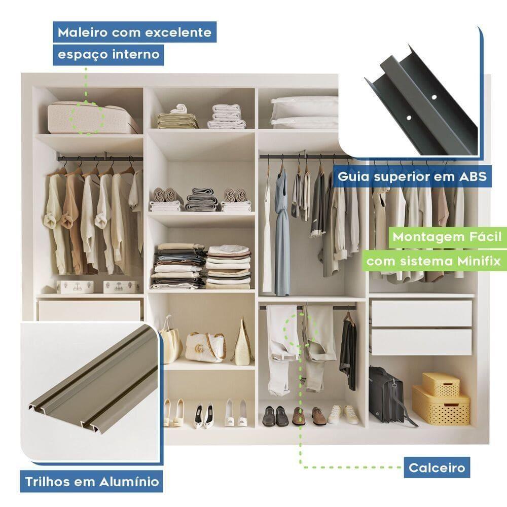 Guarda Roupa 4 Portas De Correr Com Espelhos 4 Gavetas Firenze Minastex Branco - 2