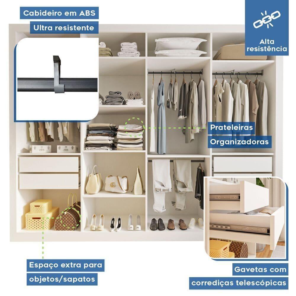 Guarda Roupa 4 Portas De Correr Com Espelhos 4 Gavetas Firenze Minastex Branco - 9