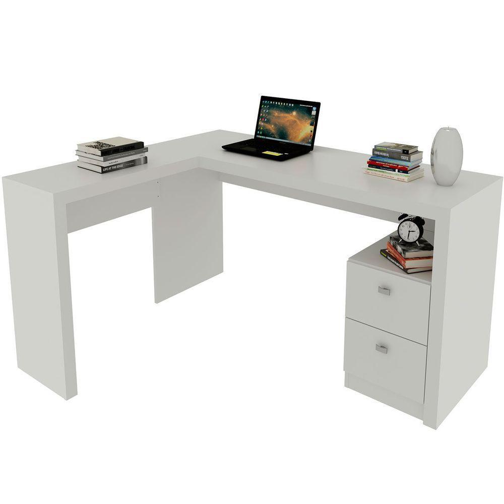 Mesa De Canto Para Escritório Em L Angular Com 2 Gavetas Branco - 1