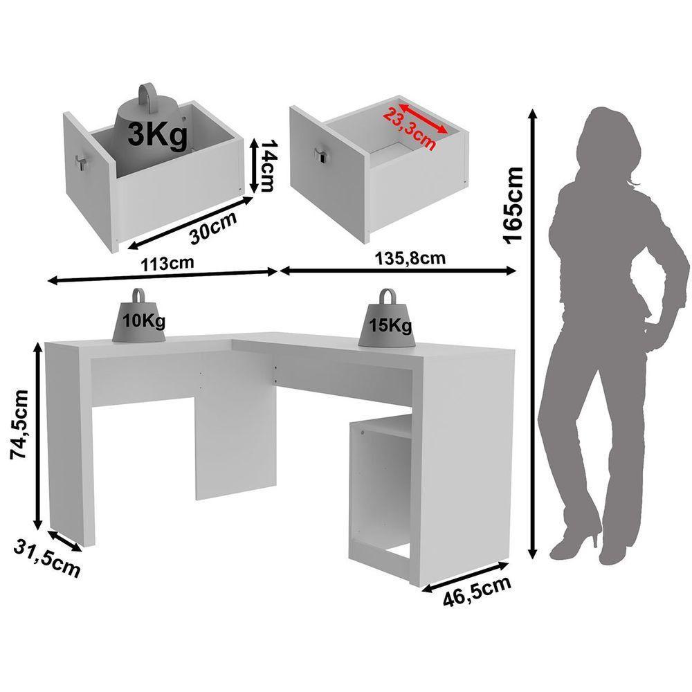Mesa De Canto Para Escritório Em L Angular Com 2 Gavetas Branco - 6