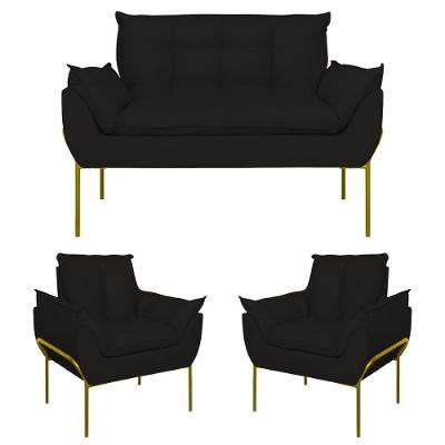 Kit 2 Poltronas + Namoradeira Pé Metal Dourado Recepção Sala Preto
