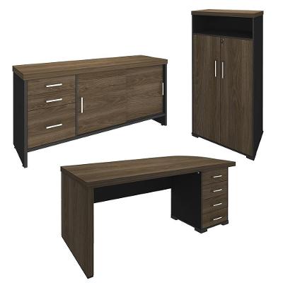 Conjunto Escritório 3 Peças Mesa Lado Direito Corp A06 Charuto/preto - Mpozenato