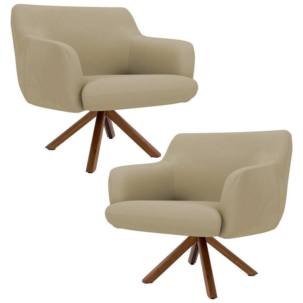 Kit 2 Poltronas Decorativas Giratórias Base Giromad Madeira Jade Veludo C-68 Bege - Domi - 1