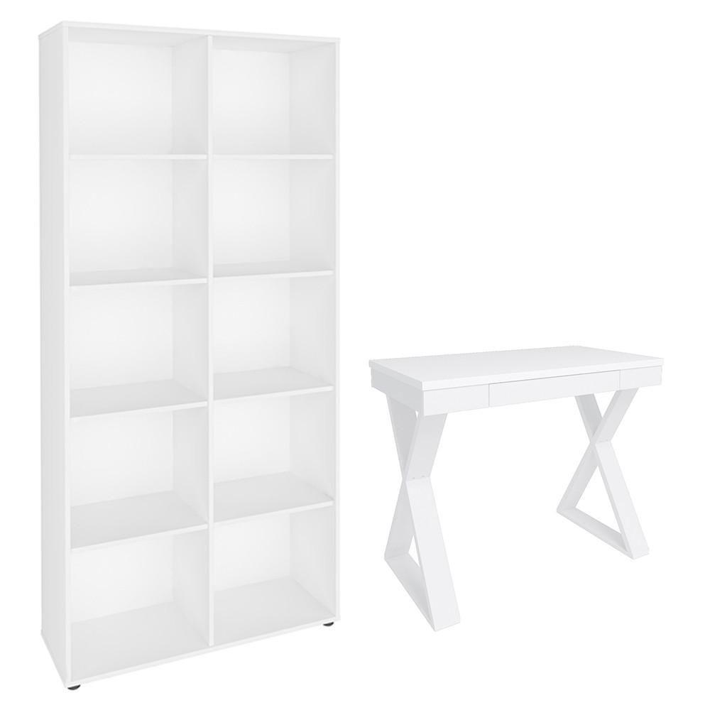 Mesa Escrivaninha 90cm Veneti E Estante Livreiro 90x187cm Lean A06 Branco - Mpozenato - 1