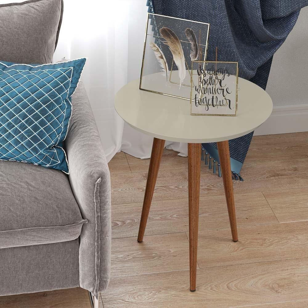 Mesa De Apoio Redonda Pés Madeira Luna 530 Off White - Patrimar - 2