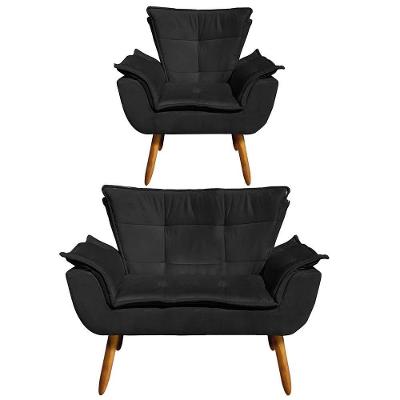 Kit Namoradeira 2 Lugares E 1 Poltrona Decorativa Pés Palito Opla Suede Preto - Ibiza