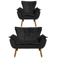 Kit Namoradeira 2 Lugares E 1 Poltrona Decorativa Pés Palito Opla Suede Preto - Ibiza - 1