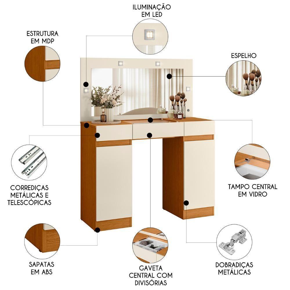 Penteadeira Camarim Com Espelho Studio Beauty A02 Off/cinamomo - Mpozenato - 3